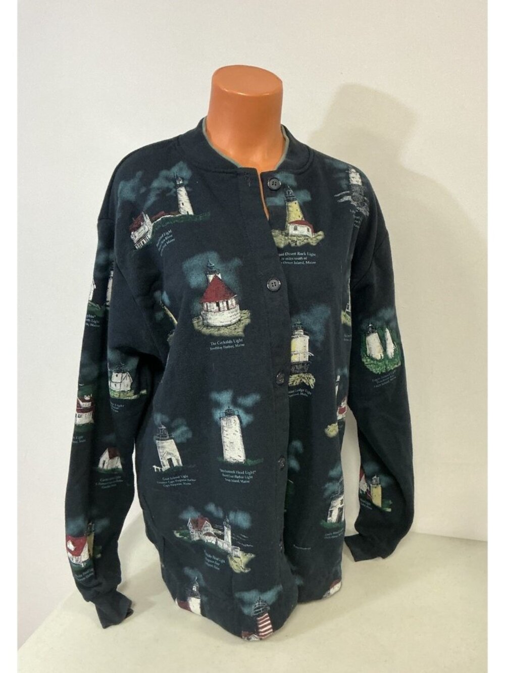 Vintage Lighthouse Sweatshirt Cardigan Made USA Nautical Print Womens XL - Picture 7 of 8